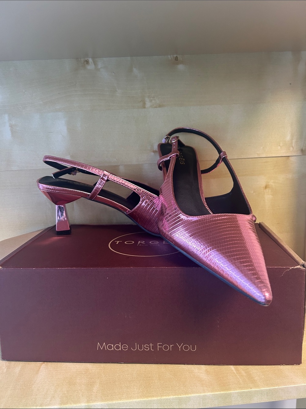 Metallic Pink Pointed Slingback Heels with Low Block Heel - Picture 3 of 3
